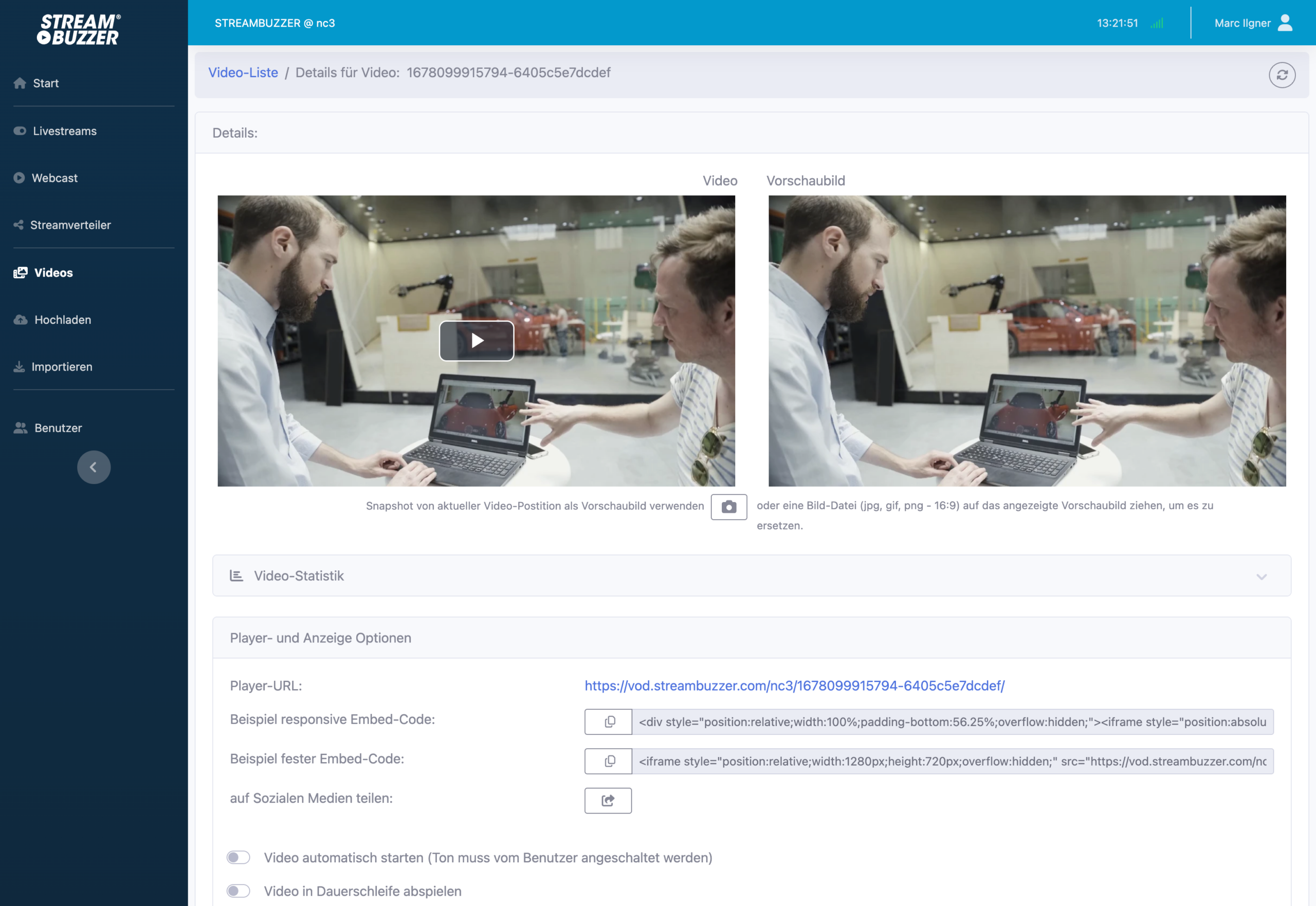 Streambuzzer Video-Management Dashboard mit Detailansicht, Metadaten und eingebettetem Player