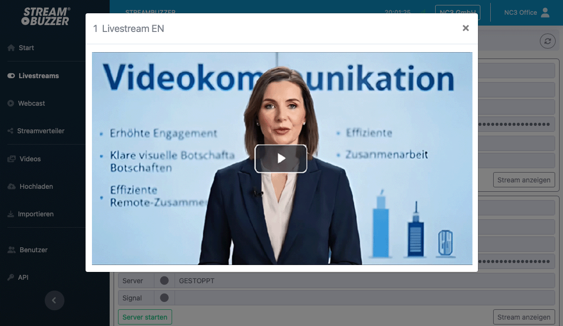 Streambuzzer Livestream Backend mit Stream-Steuerung, Protokoll-Auswahl und Live-Status