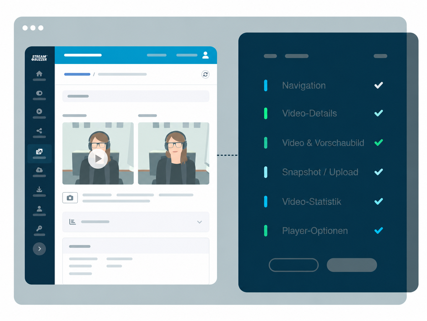 Streambuzzer Video-Management Dashboard mit Upload, Kategorien und Suchfunktion